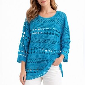 REBECCA STONE Women Vtg Turquoise Ramie Cotton Crocheted Pullover Sweater(LARGE)